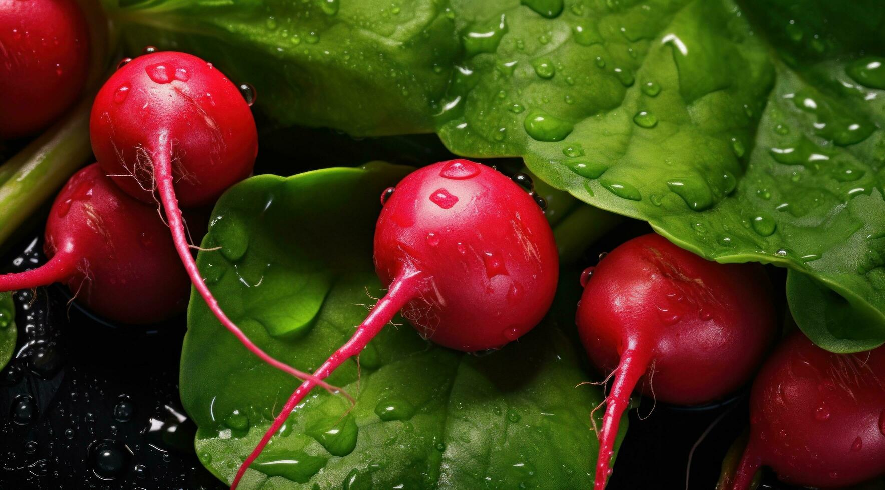 AI generated radishes on a black background with water drops photo