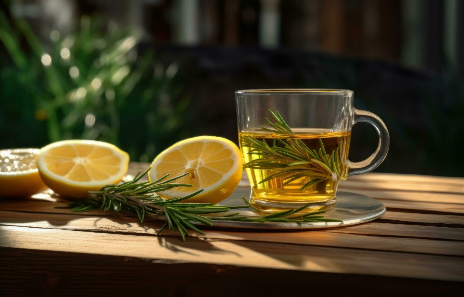 AI generated rosemary tea and lemon on the wooden table photo