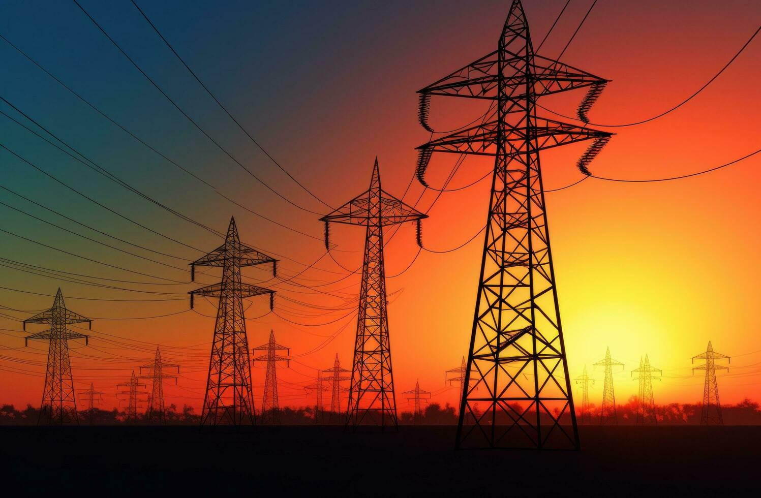 AI generated silhouette of power lines at sunset photo