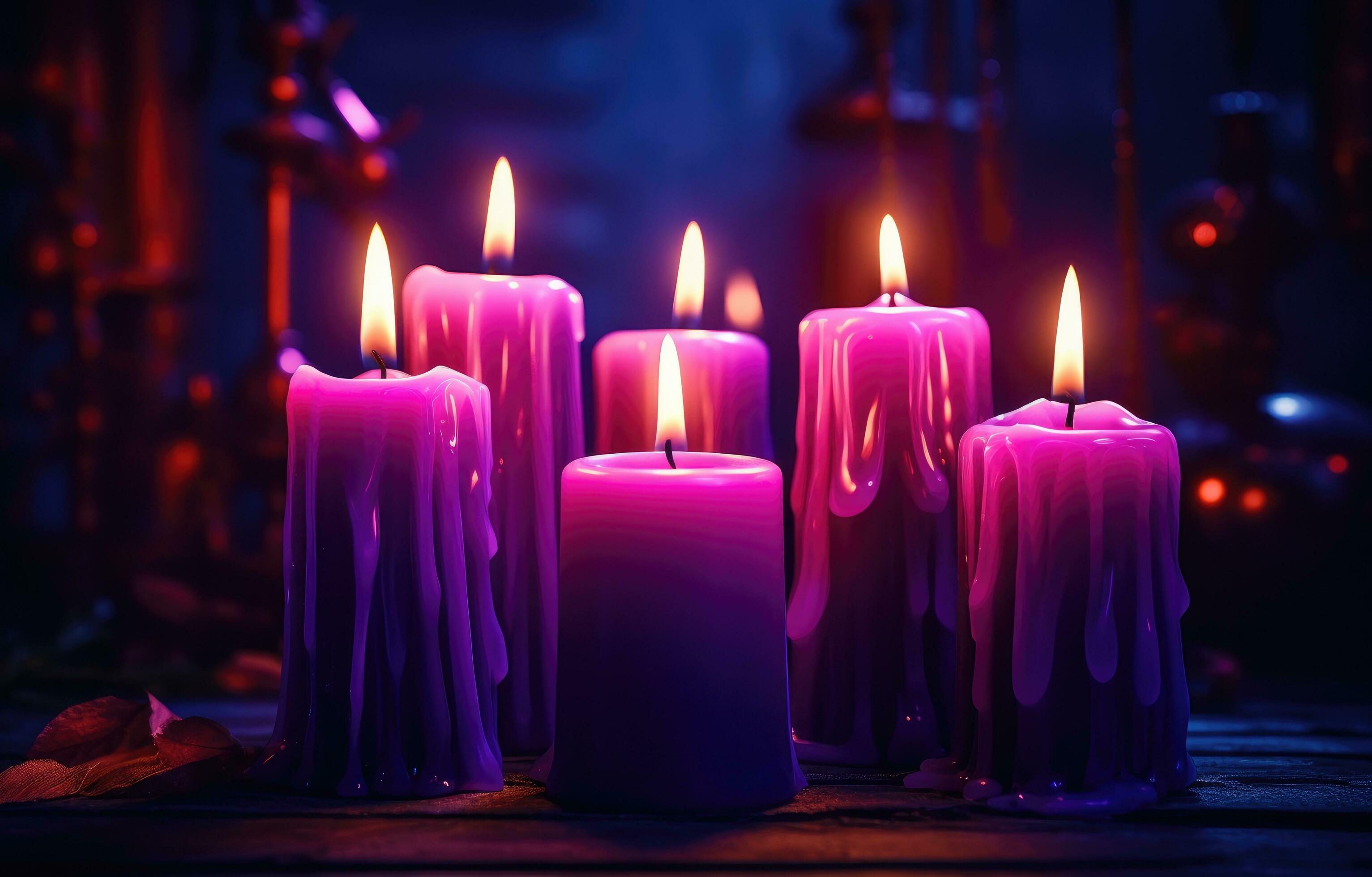 AI generated several purple candles lit on the dark background 35617656