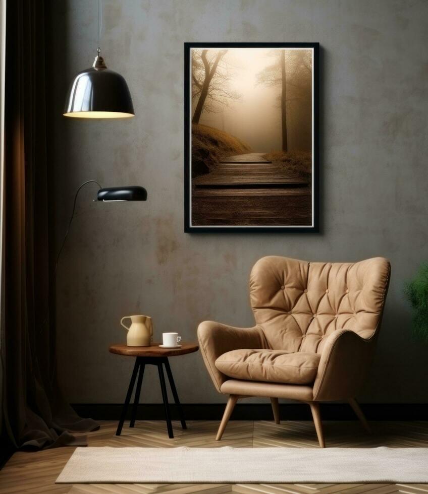 AI generated living room with sofa, chair, coffee table and lamp photo