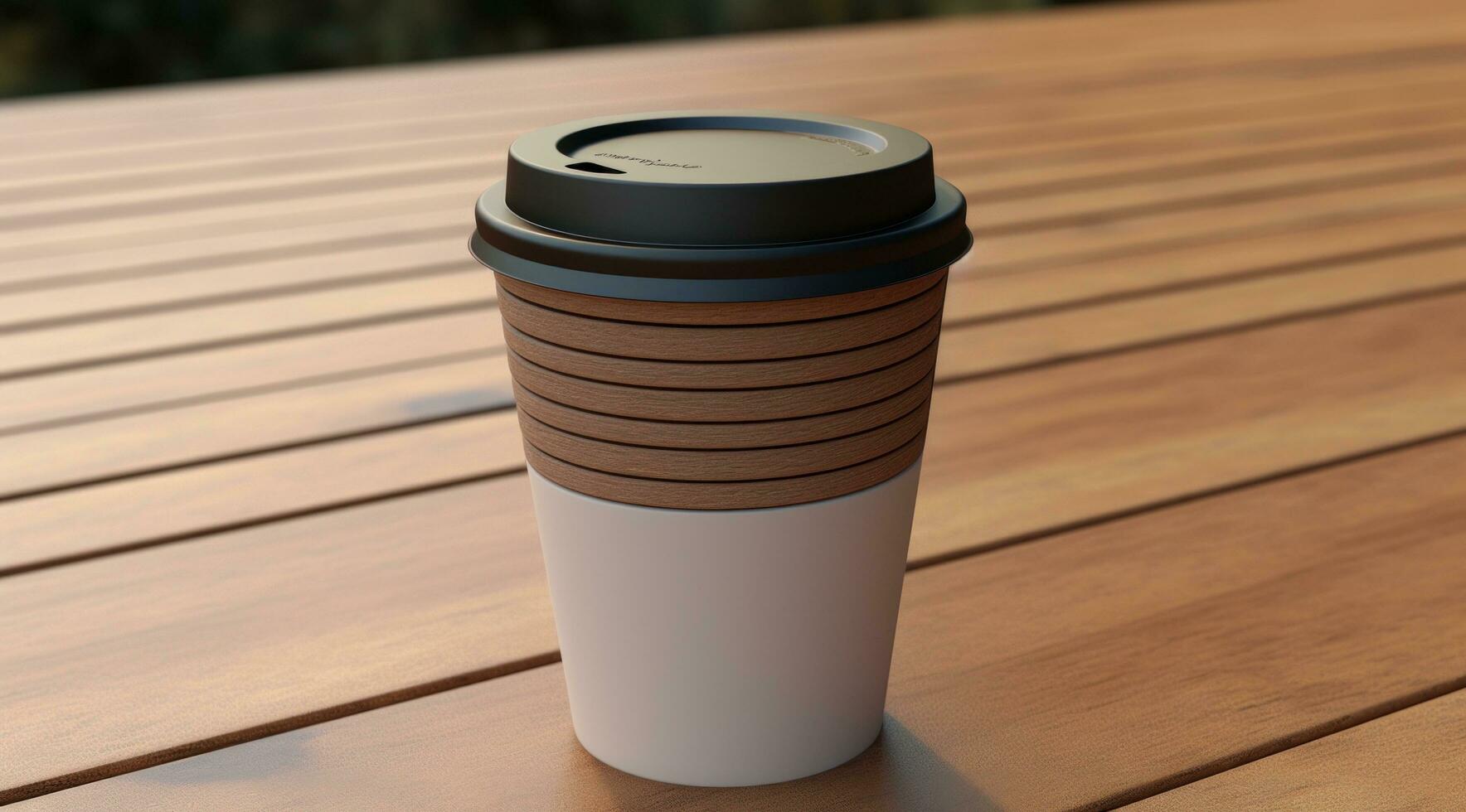 AI generated image of a coffee cup with a lid on a table photo