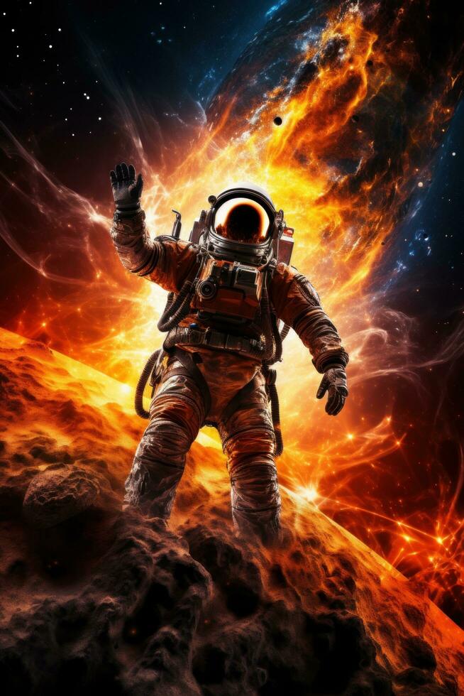 AI generated Vibrant astronaut in space, surrounded by cosmic wonders, offering ample copy space for text photo