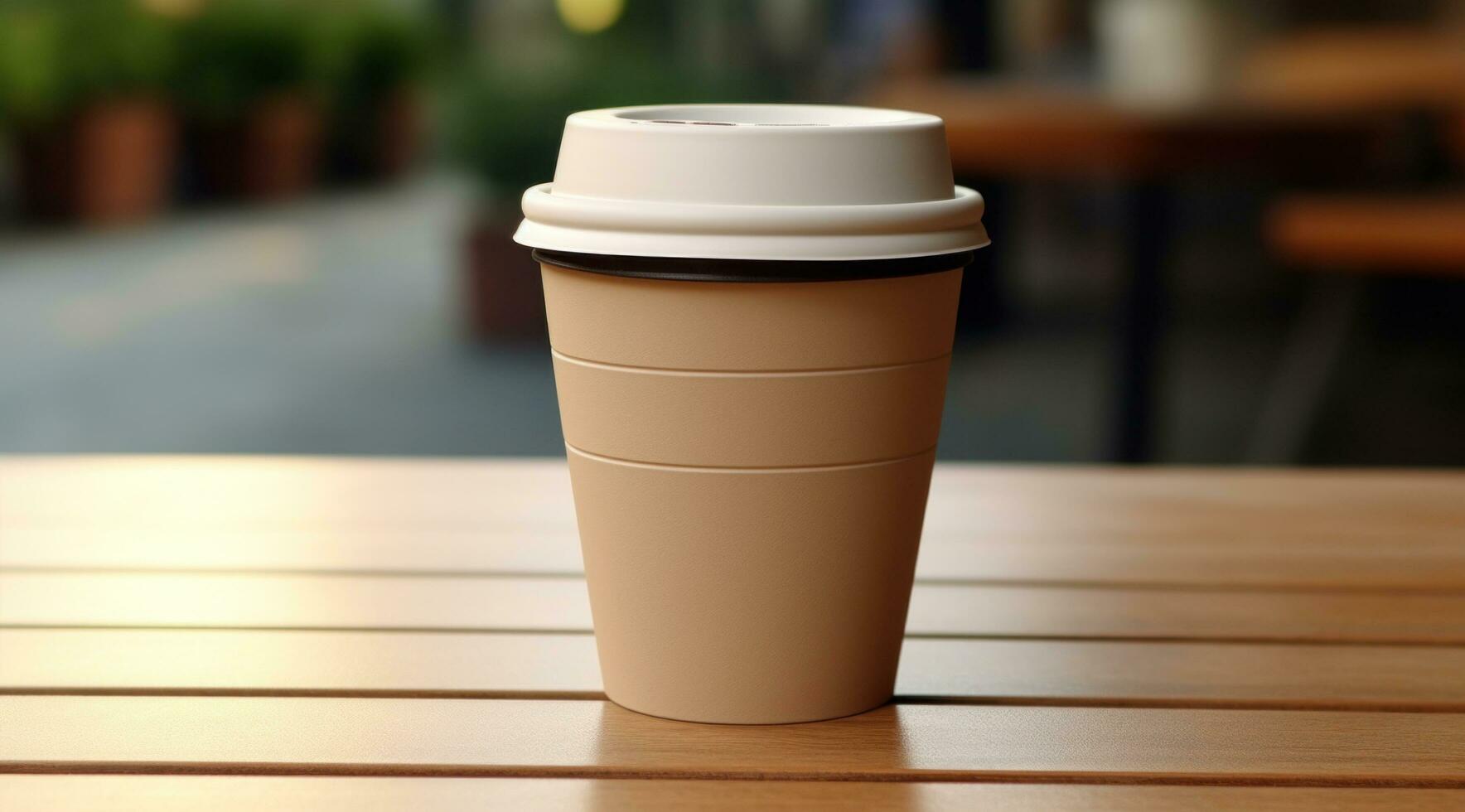 AI generated image of a coffee cup with a lid on a table photo