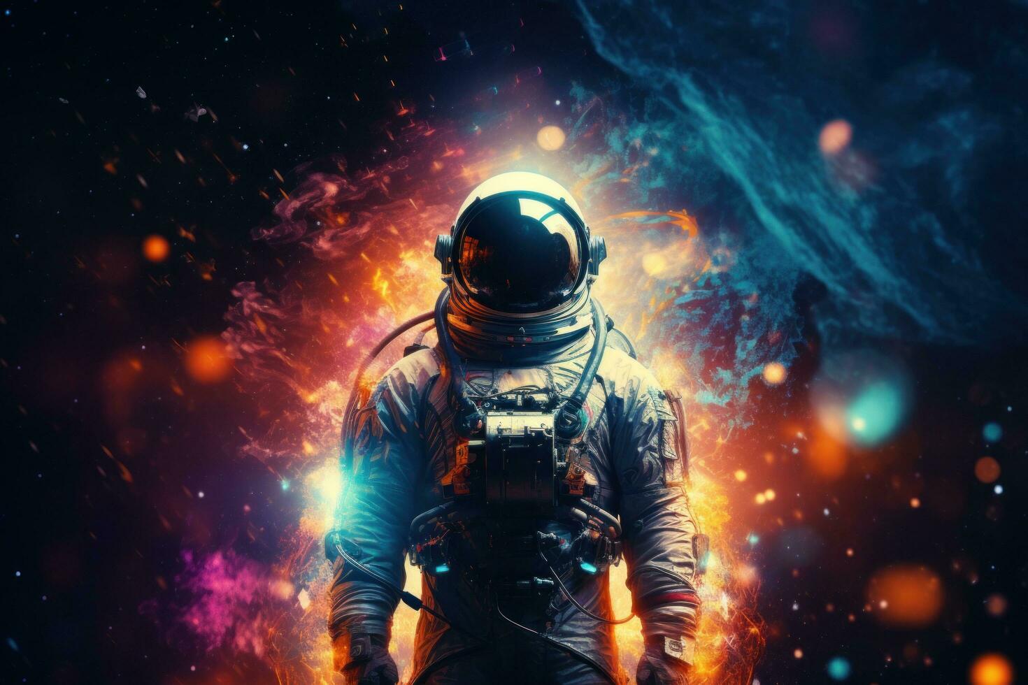 AI generated Vibrant astronaut in space, surrounded by cosmic wonders, offering ample copy space for text photo