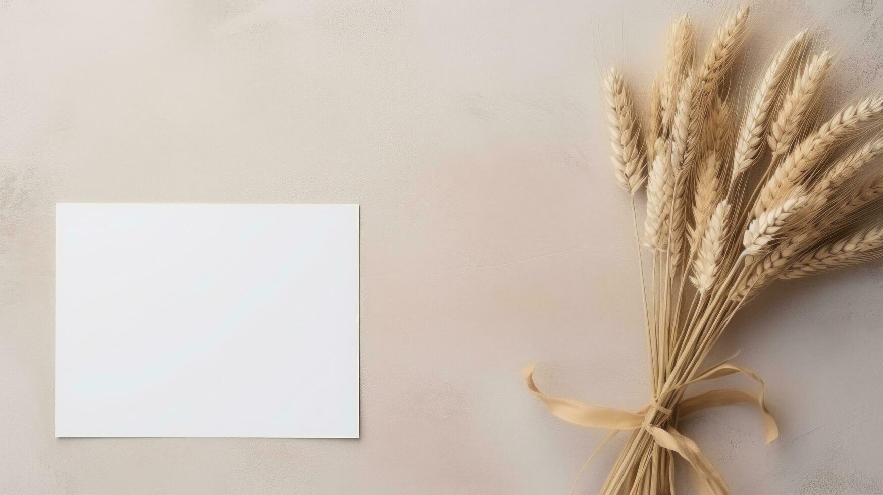 AI generated greeting card and dry wheat on grey background and a blank card photo