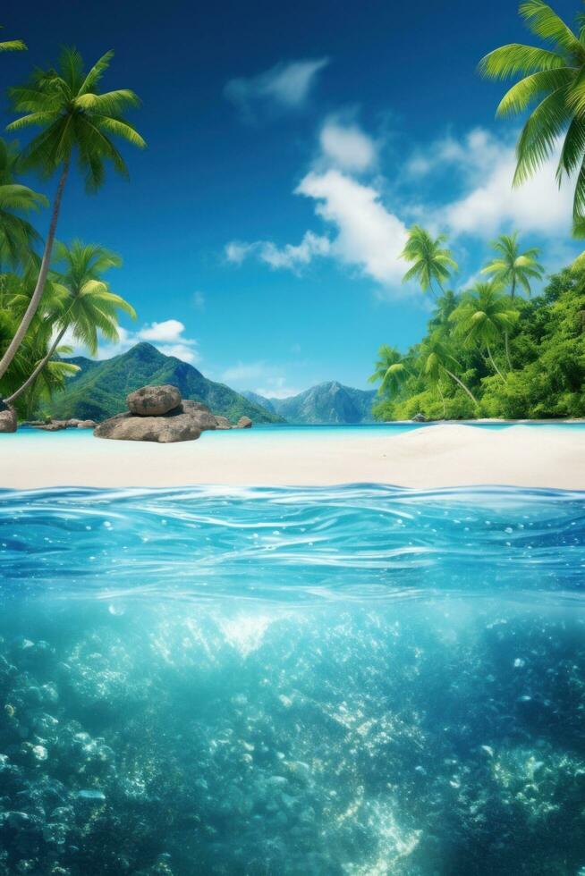 AI generated A vivid vacation backdrop, turquoise waters, palm trees, and expansive copy space photo