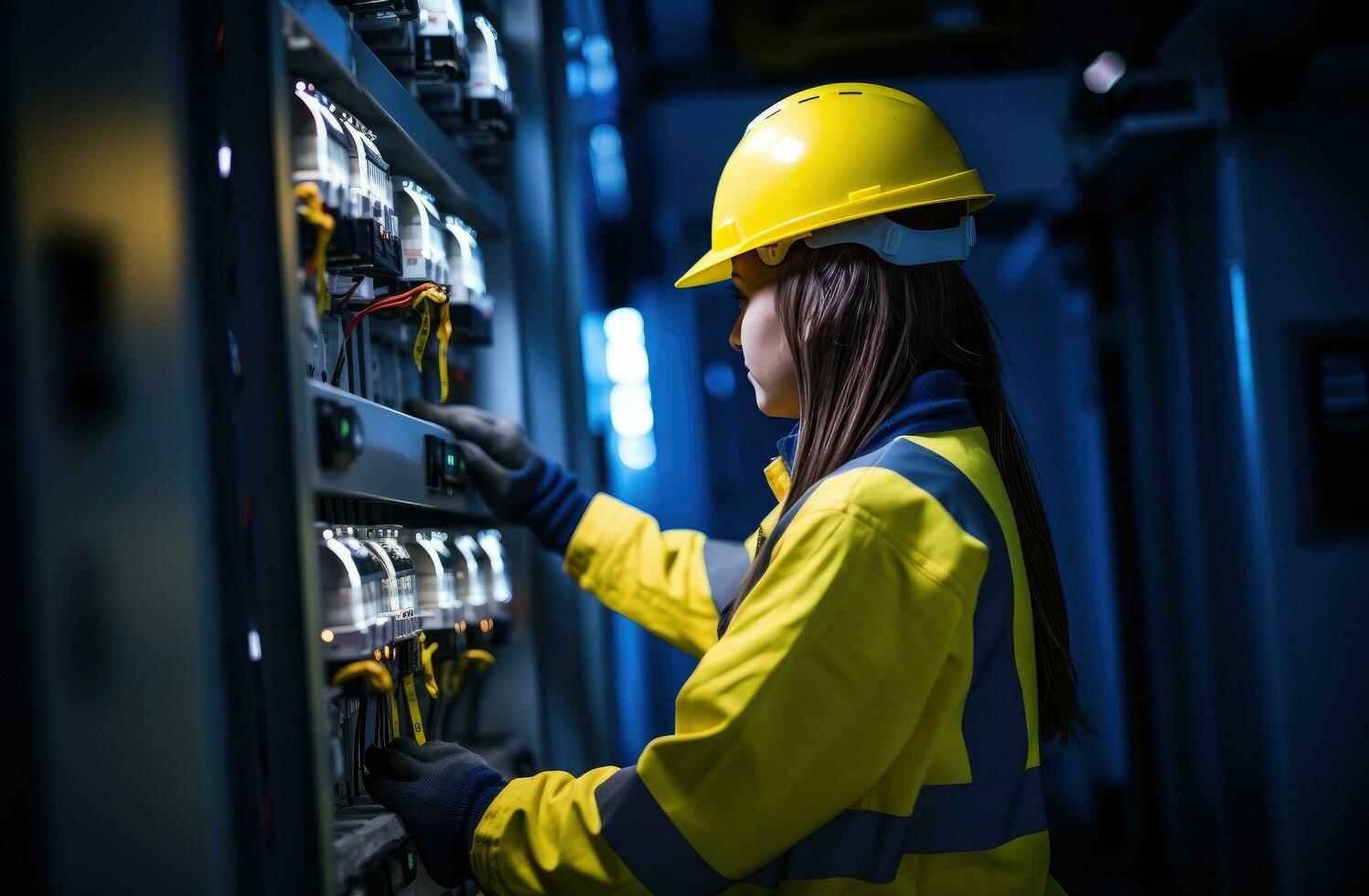 AI generated electrical worker holding switch panel in an electrical panel photo