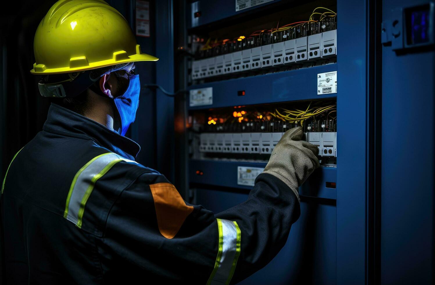 AI generated electrical worker holding switch panel in an electrical panel photo