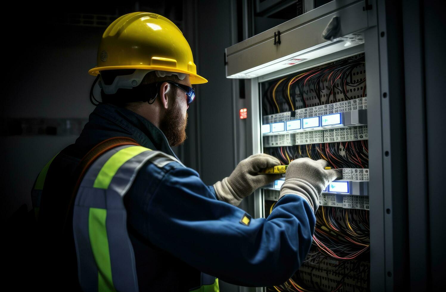 AI generated electrical worker holding switch panel in an electrical panel photo