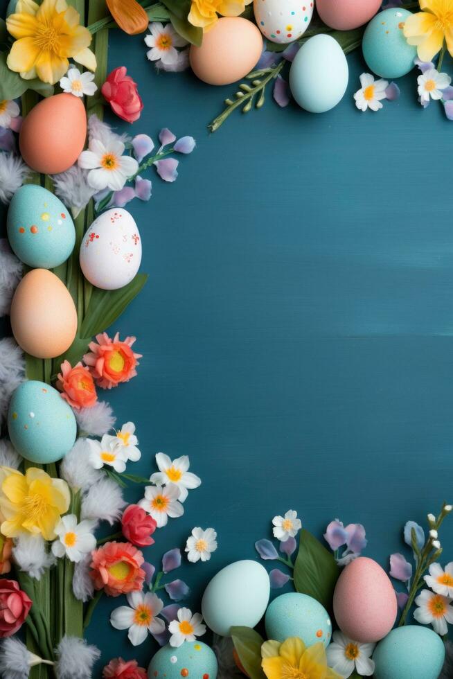 AI generated Colorful Easter background adorned with vibrant eggs, blossoms, and spacious copy area photo