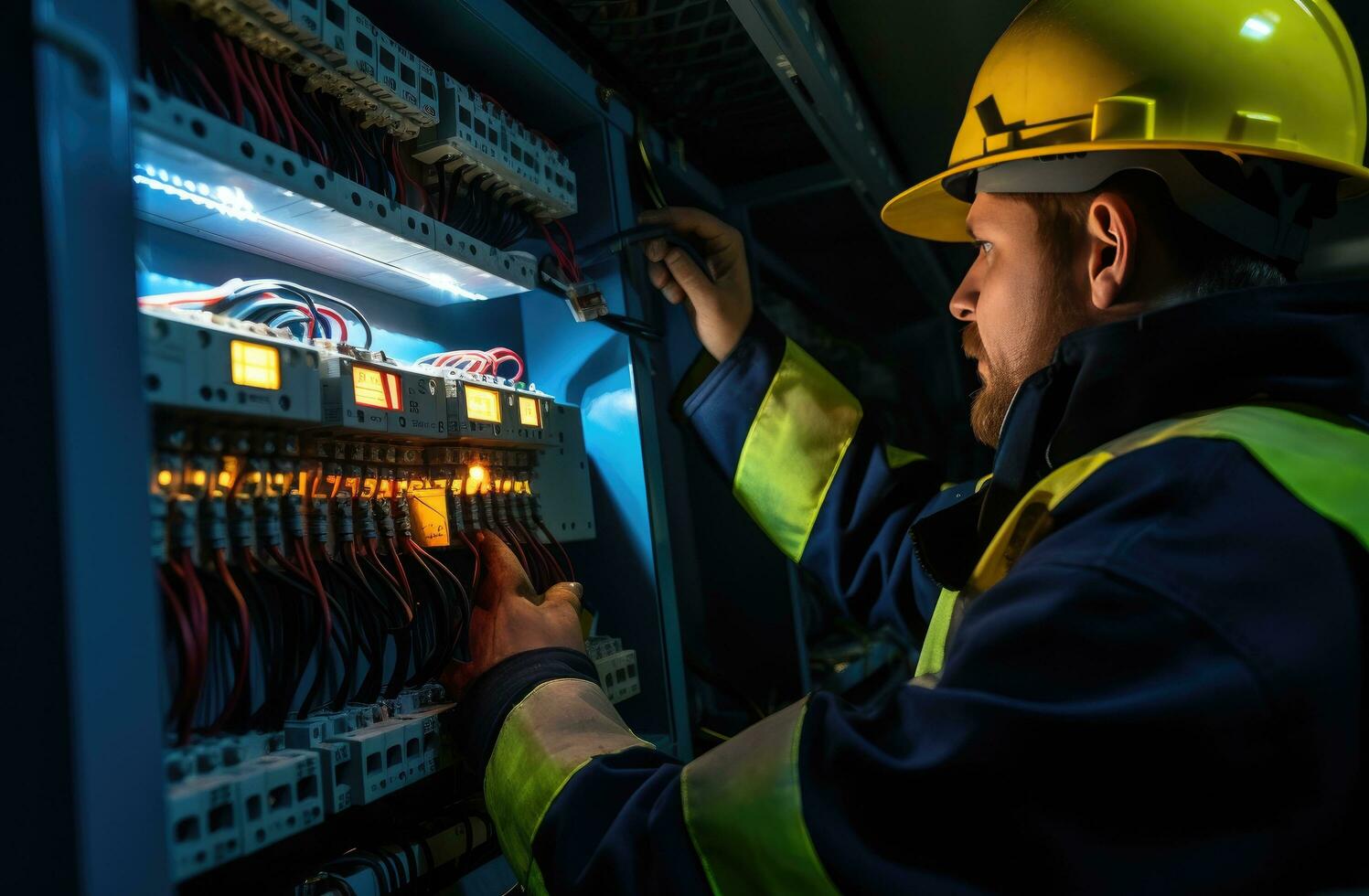 ai generado eléctrico trabajador participación cambiar panel en un eléctrico panel foto