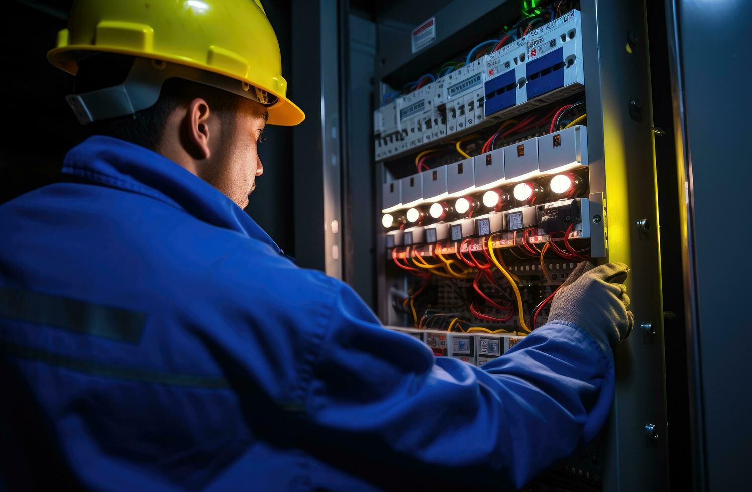 AI generated electrical worker holding switch panel in an electrical panel photo