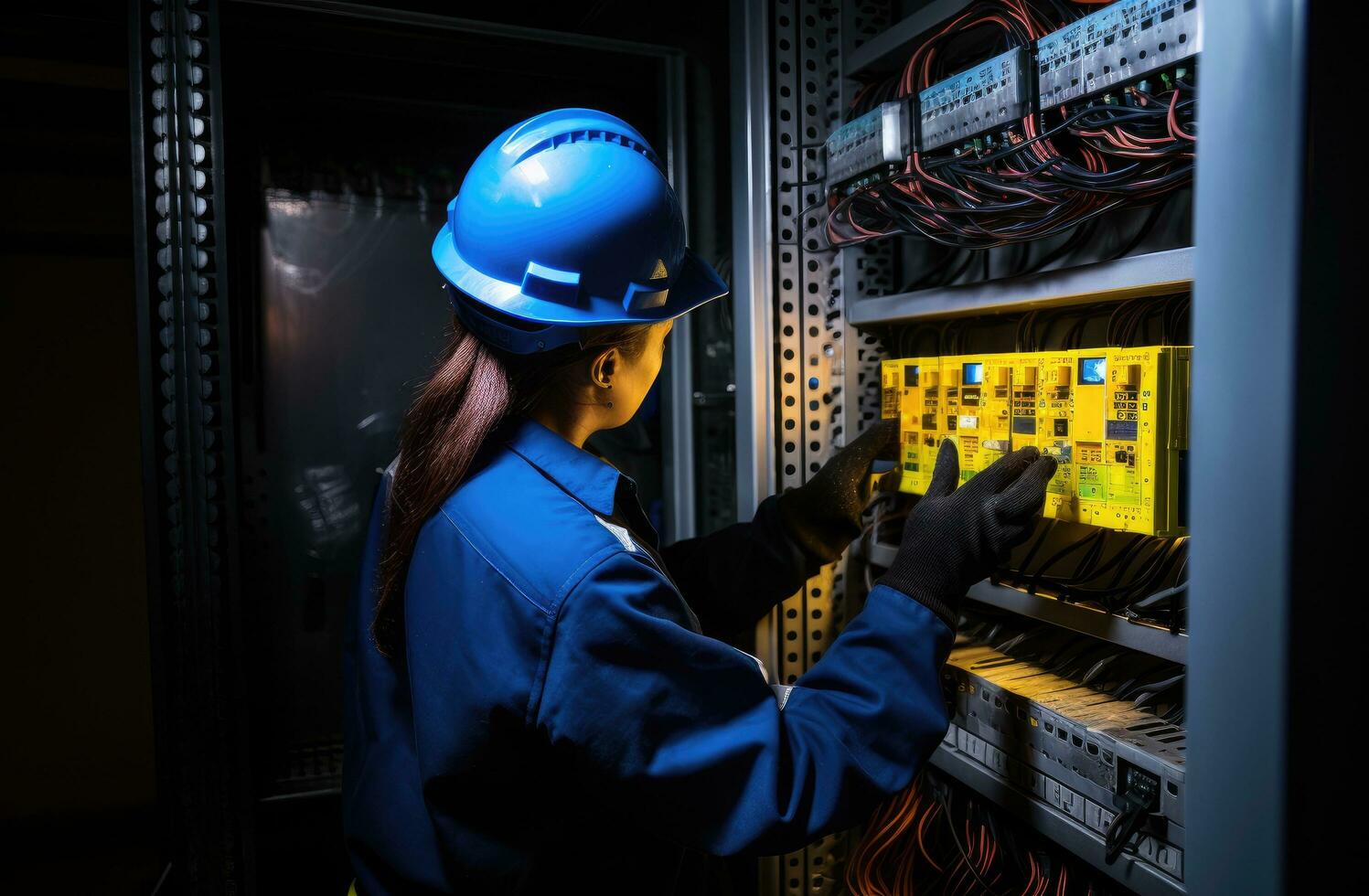 AI generated electrical worker holding switch panel in an electrical panel photo
