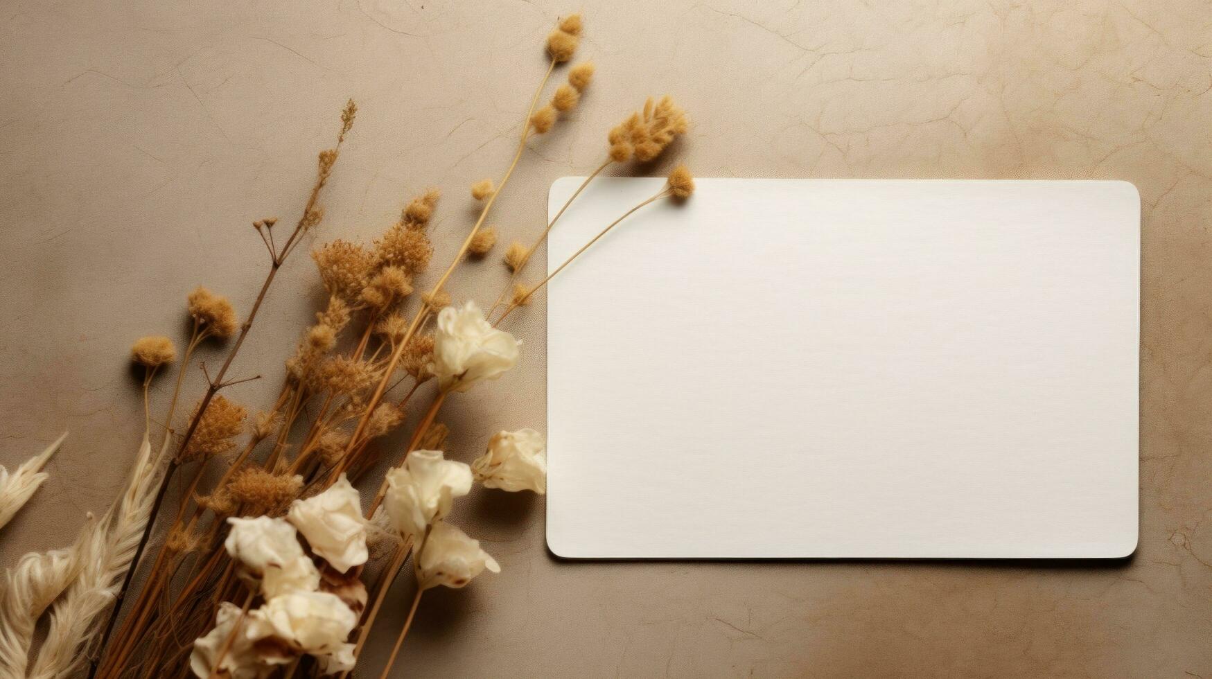 AI generated envelope, envelope white card and some dried flowers sitting on a concrete background photo