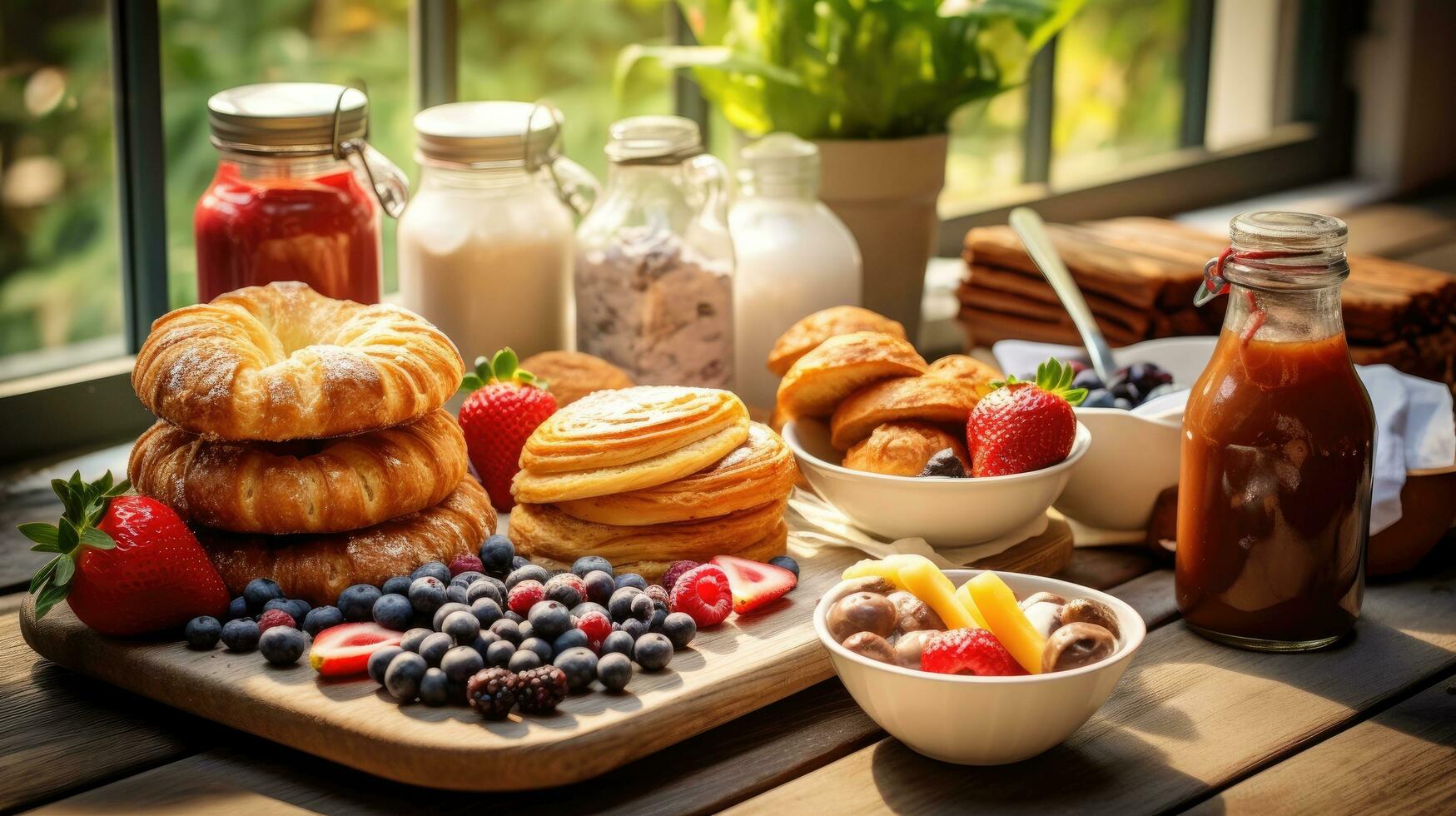 AI generated Tasty breakfast scene with a variety of delicious treats, leaving room for your message photo