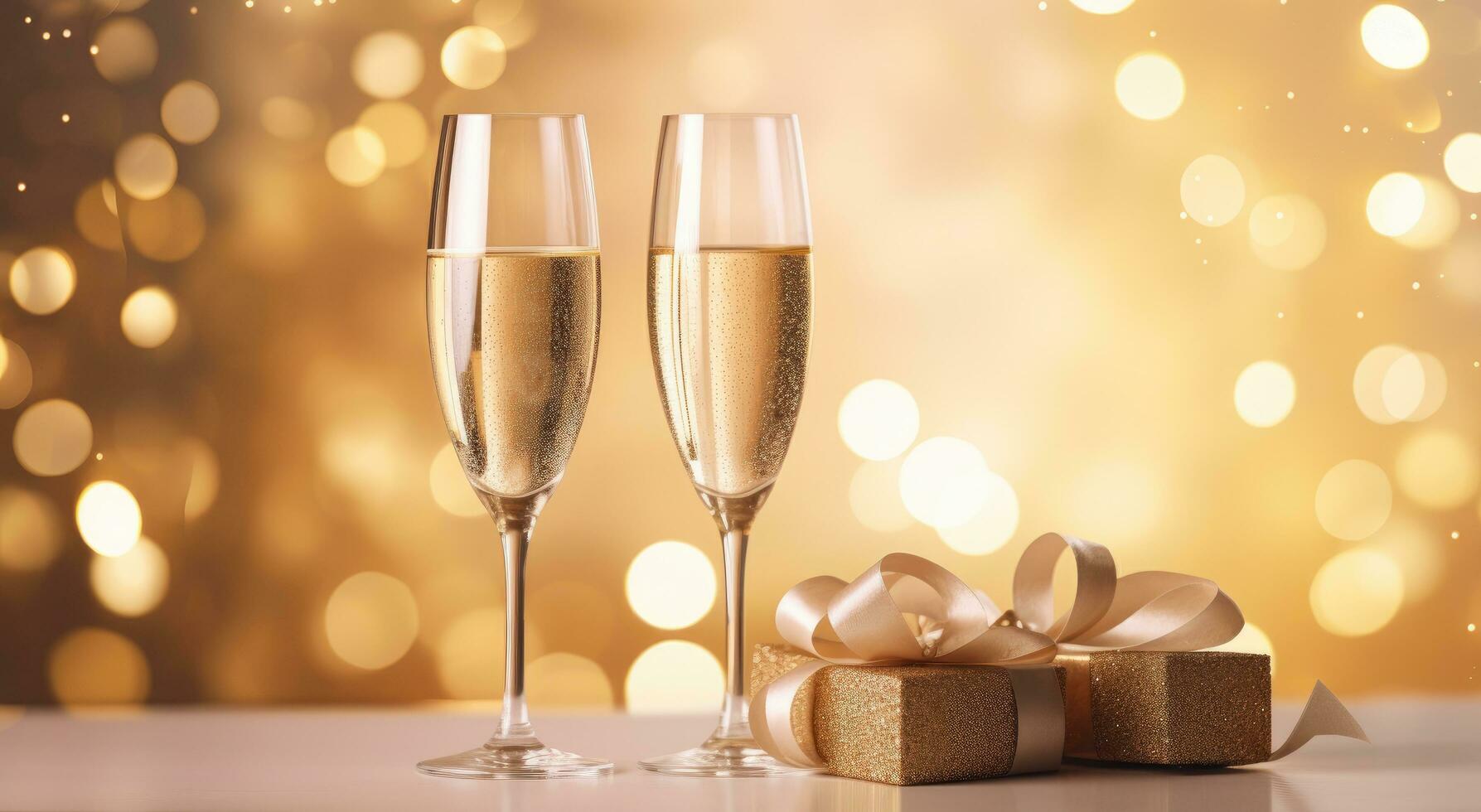 AI generated champagne flutes and present at the christmas table photo
