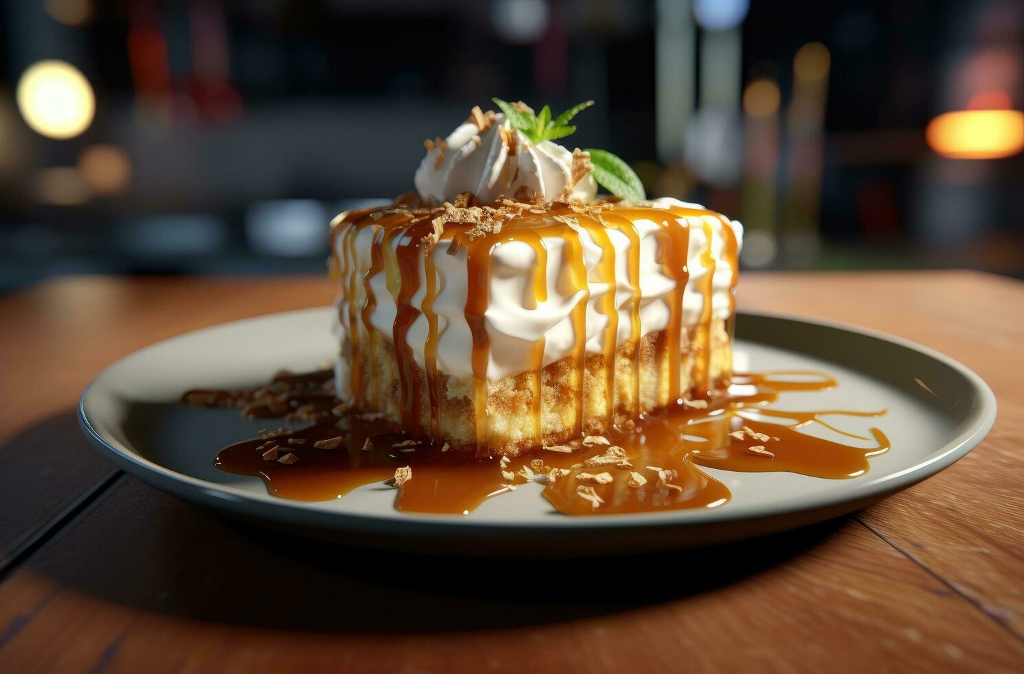 AI generated caramel cheesecake on white plate photo