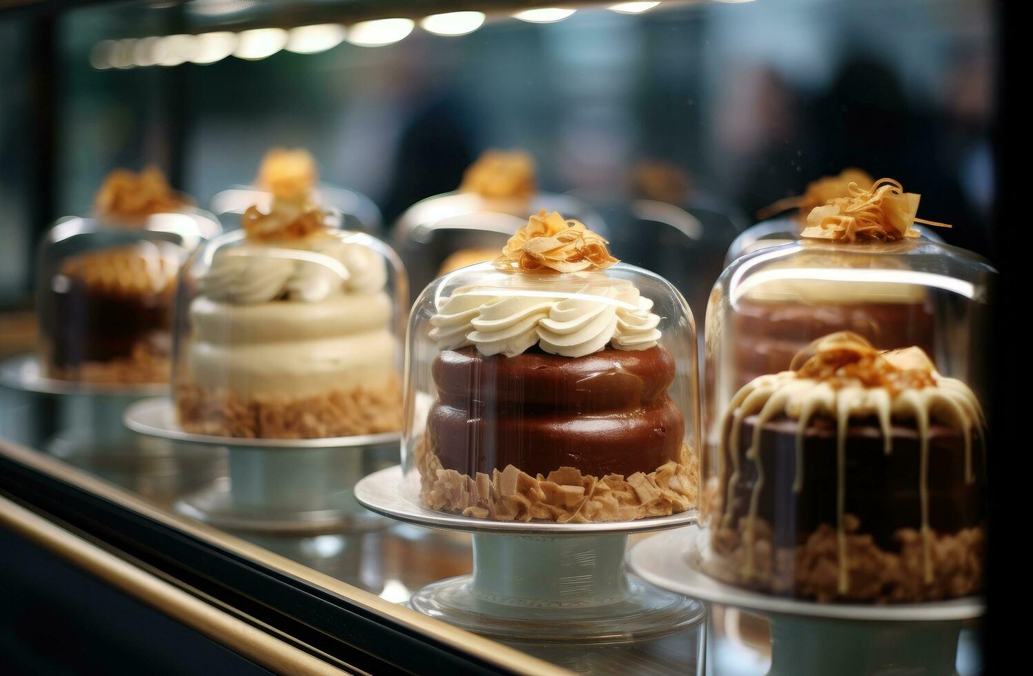 AI generated cakes sitting on display in a glass case, photo