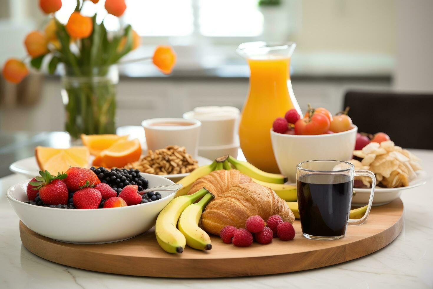 AI generated A gourmet morning spread, pastries, fresh fruits, and inviting coffee, plus generous copy space photo