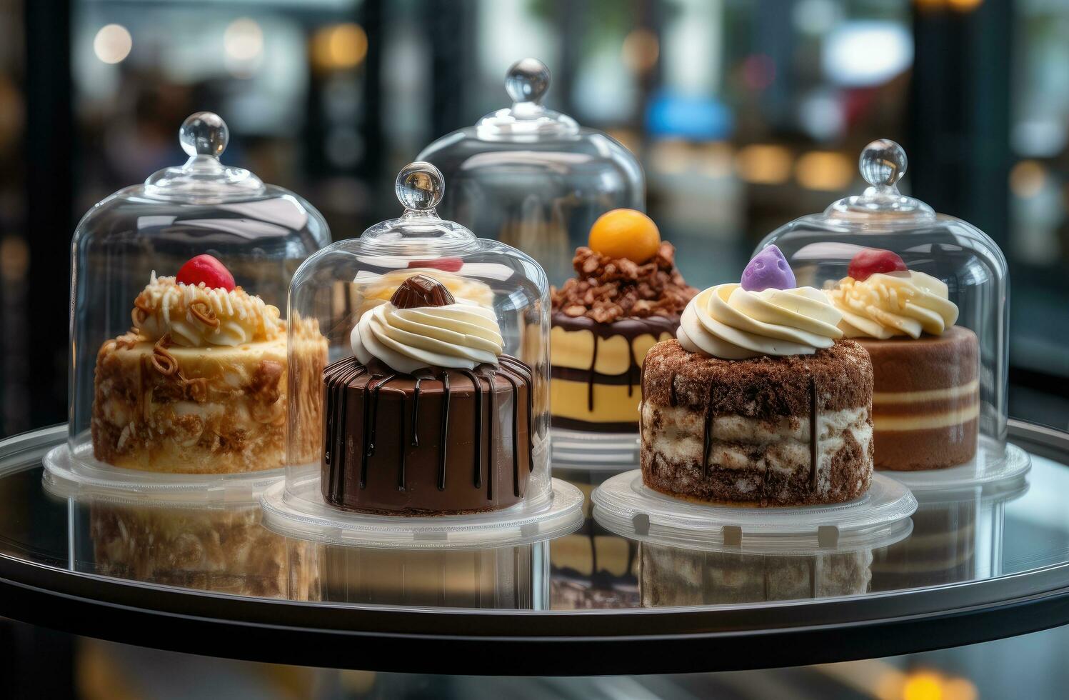 AI generated cakes sitting on display in a glass case, photo