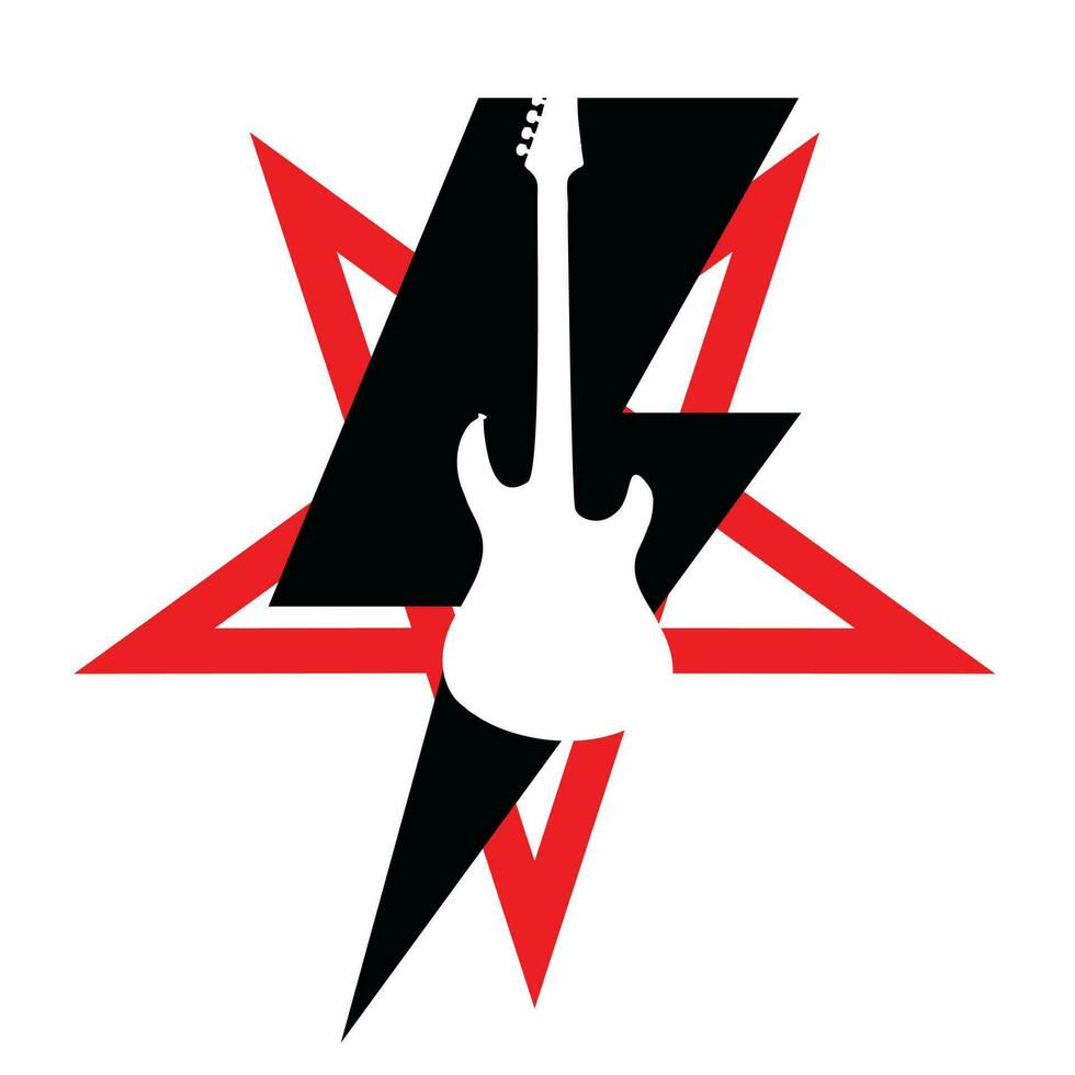 Thunderbolt symbol t-shirt design with electric guitar and star silhouette. Good illustration for the glamorous rock of the 80s. vector