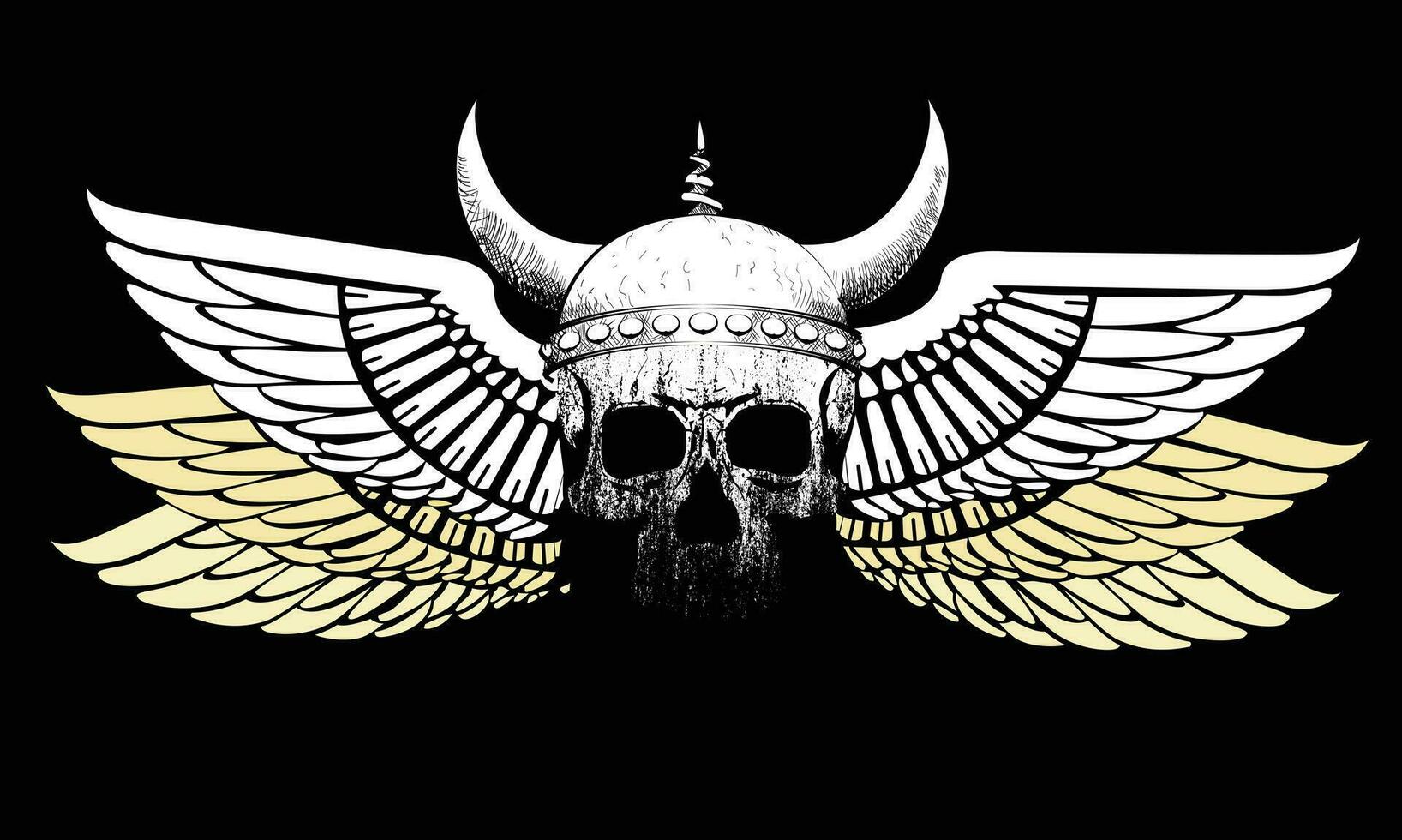 Viking skull t-shirt design with open wings on a black background. vector
