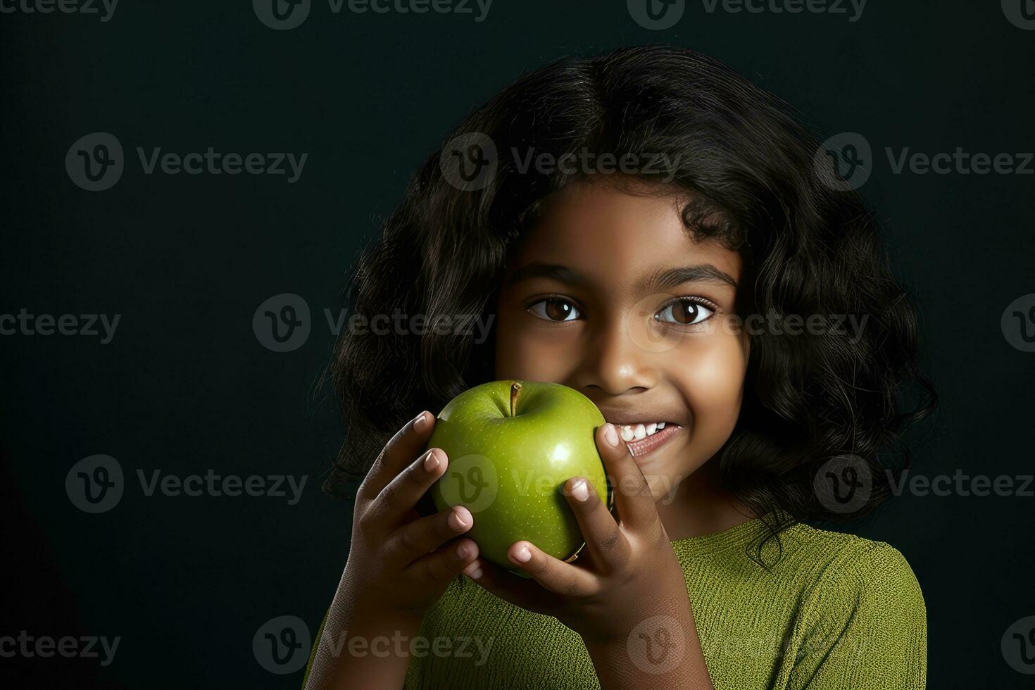 AI generated A Little Girl Poses With a Fresh Apple, Smiling photo