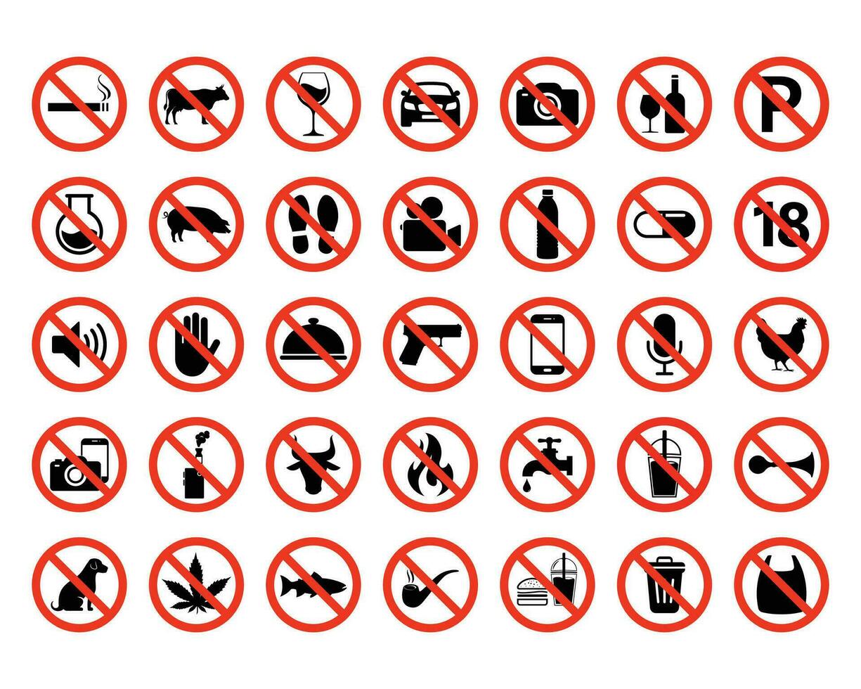 Red prohibition sign set. Forbidden signs collection, Vector illustration