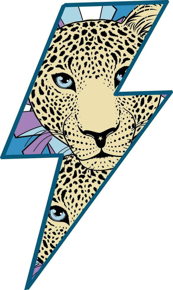 T-shirt design with leopards and the symbol of thunderbolt . vector illustration in kitsch style.