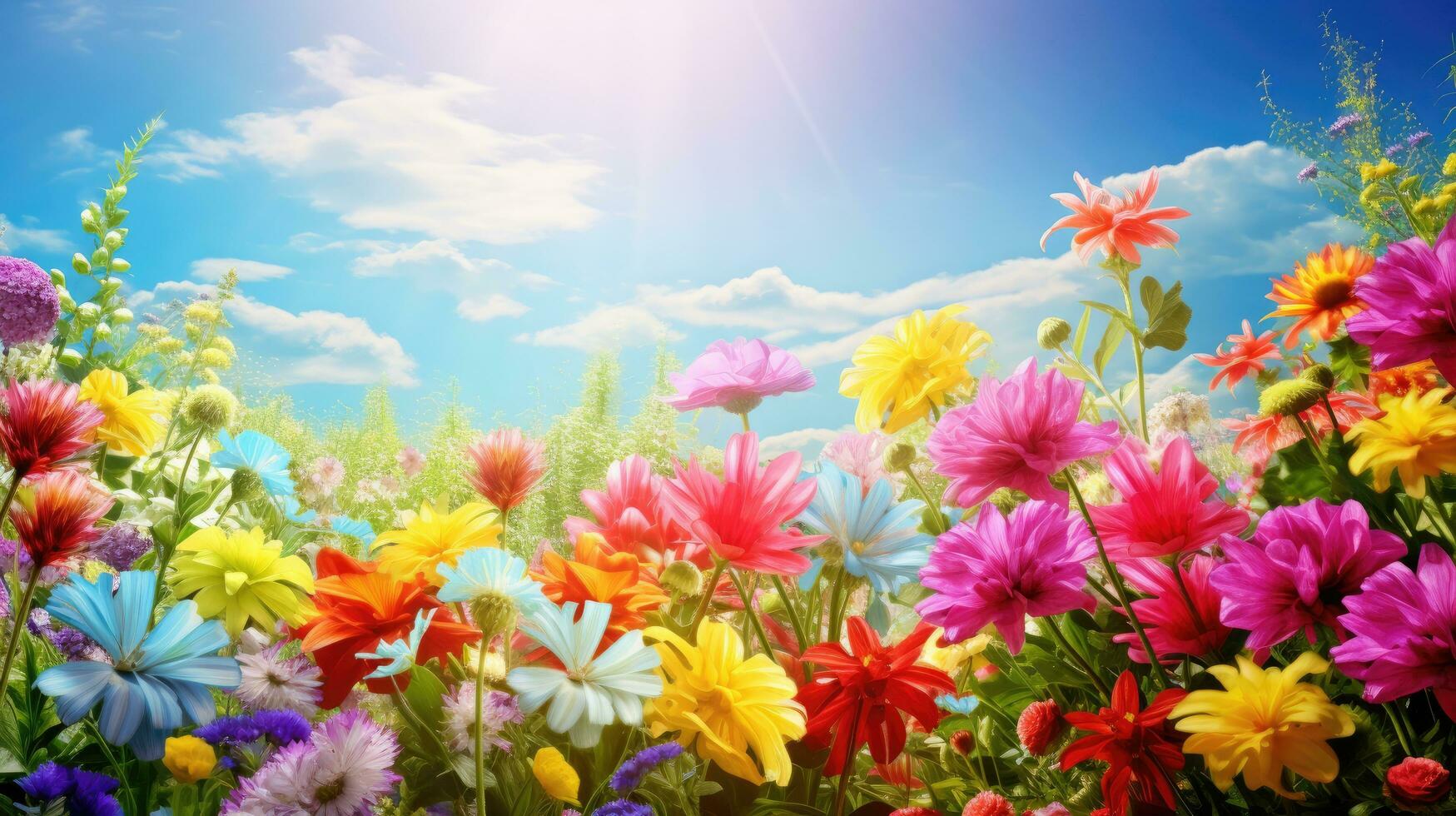 AI generated Vivid garden with vibrant flowers, flourishing plants, and ample space for your message photo