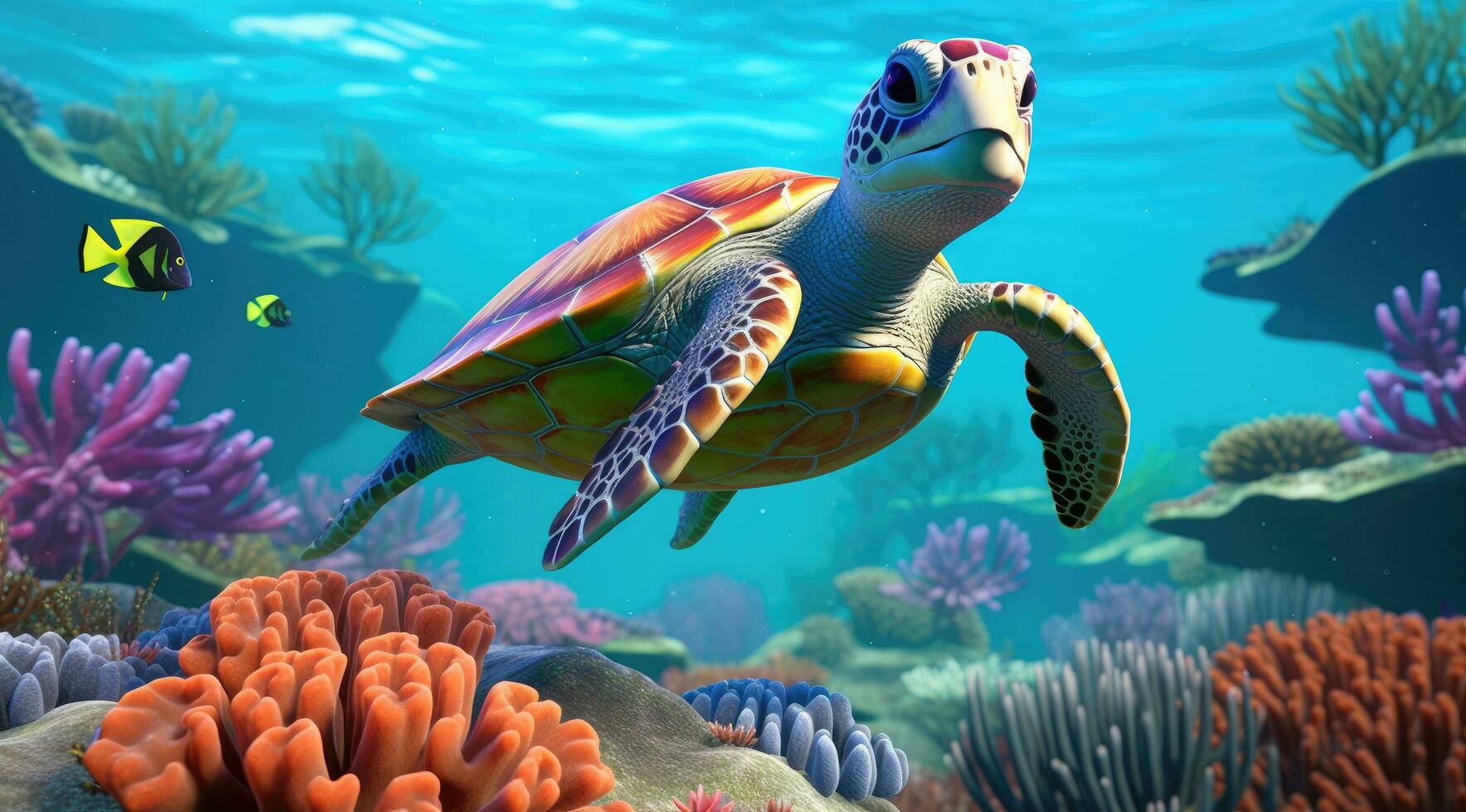 AI generated an ocean scene with an turtle and marine life photo