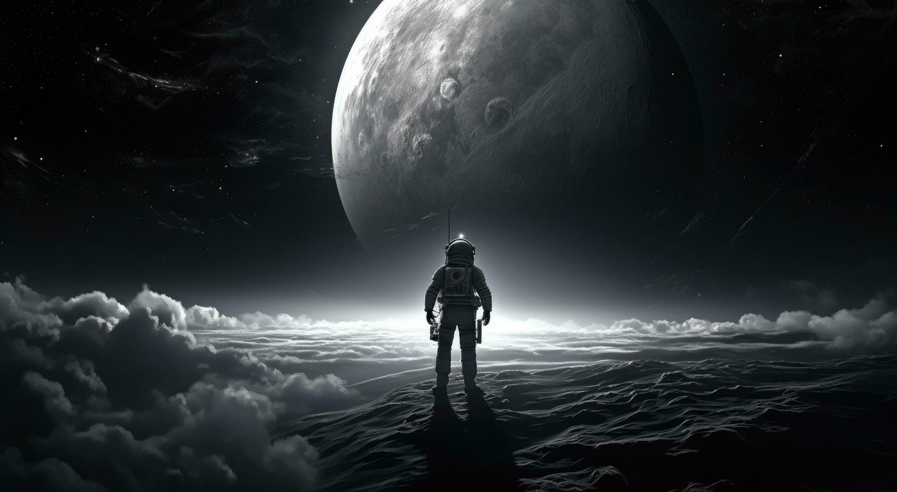 AI generated astronaut in space looking down toward an earth background photo