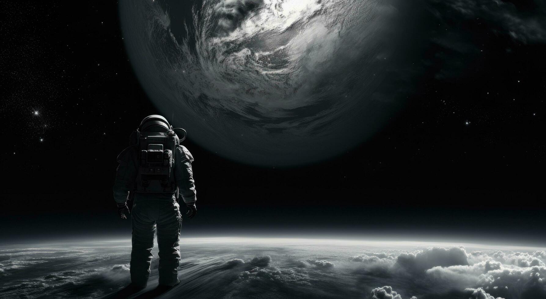 AI generated astronaut in space looking down toward an earth background photo