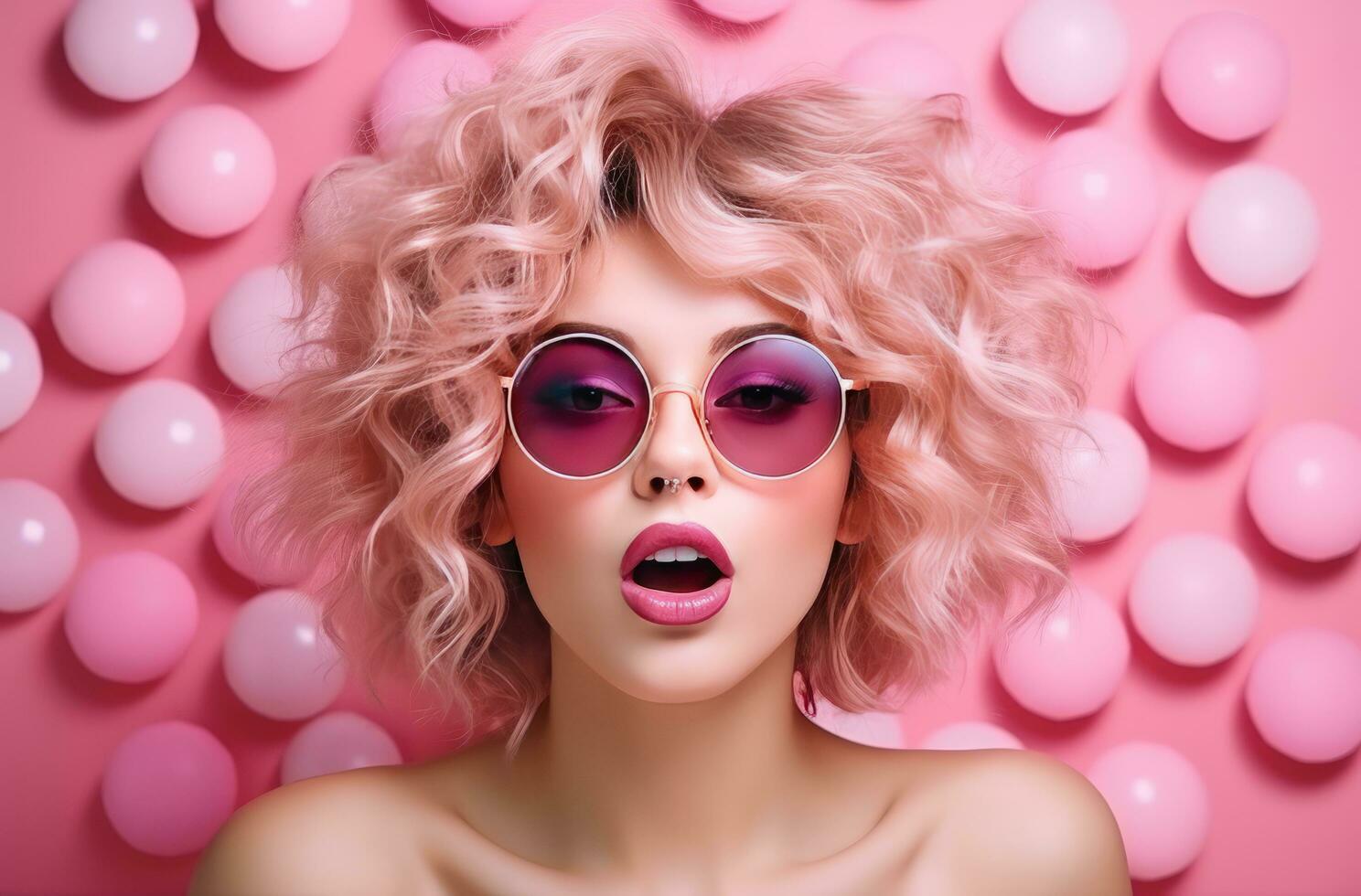 AI generated attractive blonde woman posing in sunglasses with her face looking surprised photo