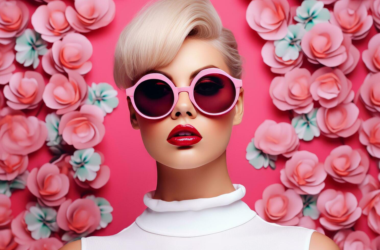 AI generated attractive blonde woman posing in sunglasses with her face looking surprised photo