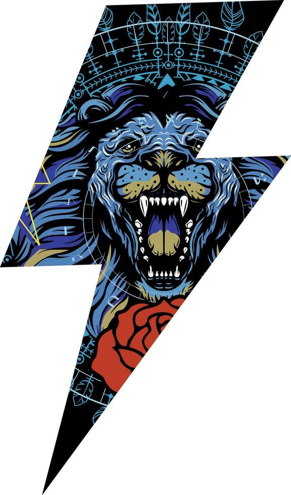 T-shirt design of the thunderbolt symbol along with an image of a roaring lion. vector illustration good for sports.