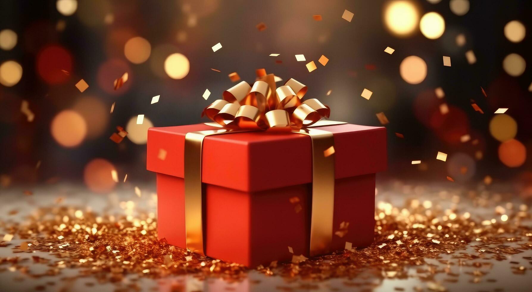 AI generated a red gift box with red ribbon and gold confetti confetti photo