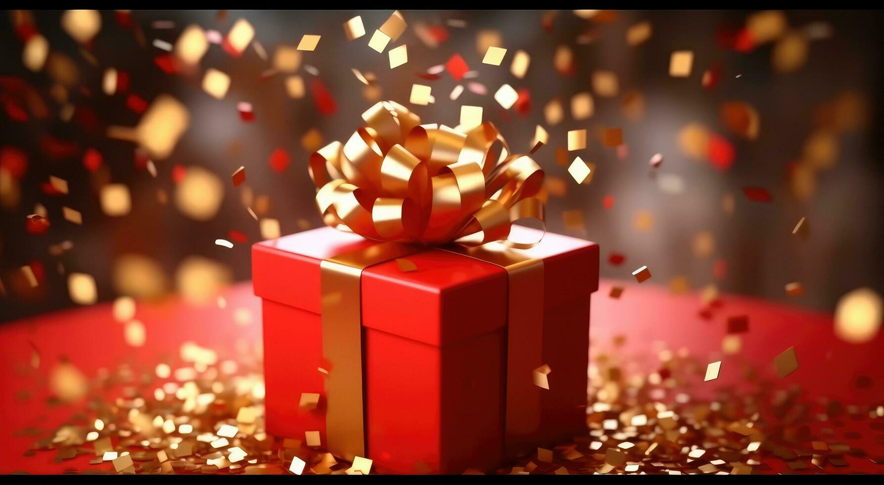 AI generated a red gift box with red ribbon and gold confetti confetti photo