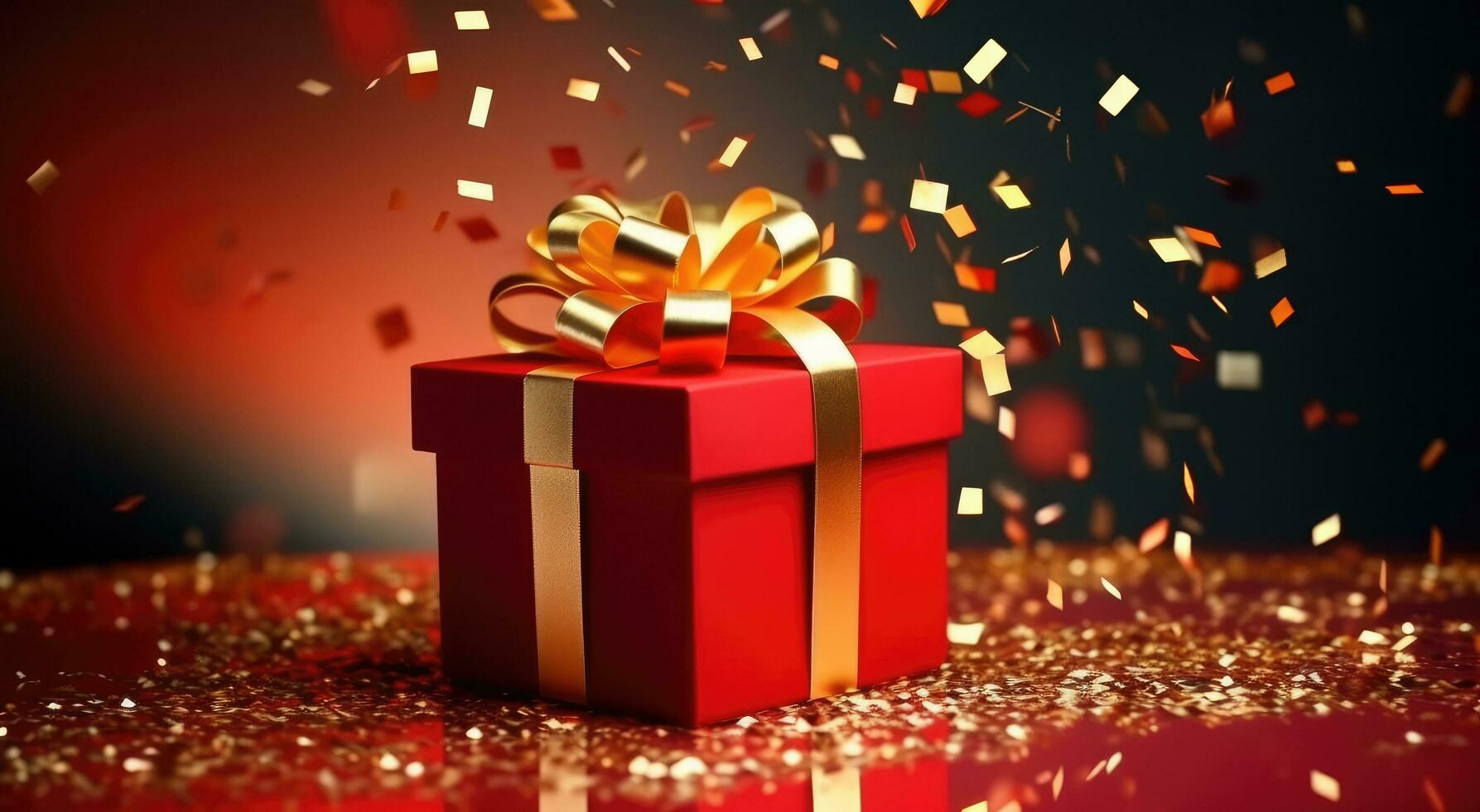 AI generated a red gift box with red ribbon and gold confetti confetti photo