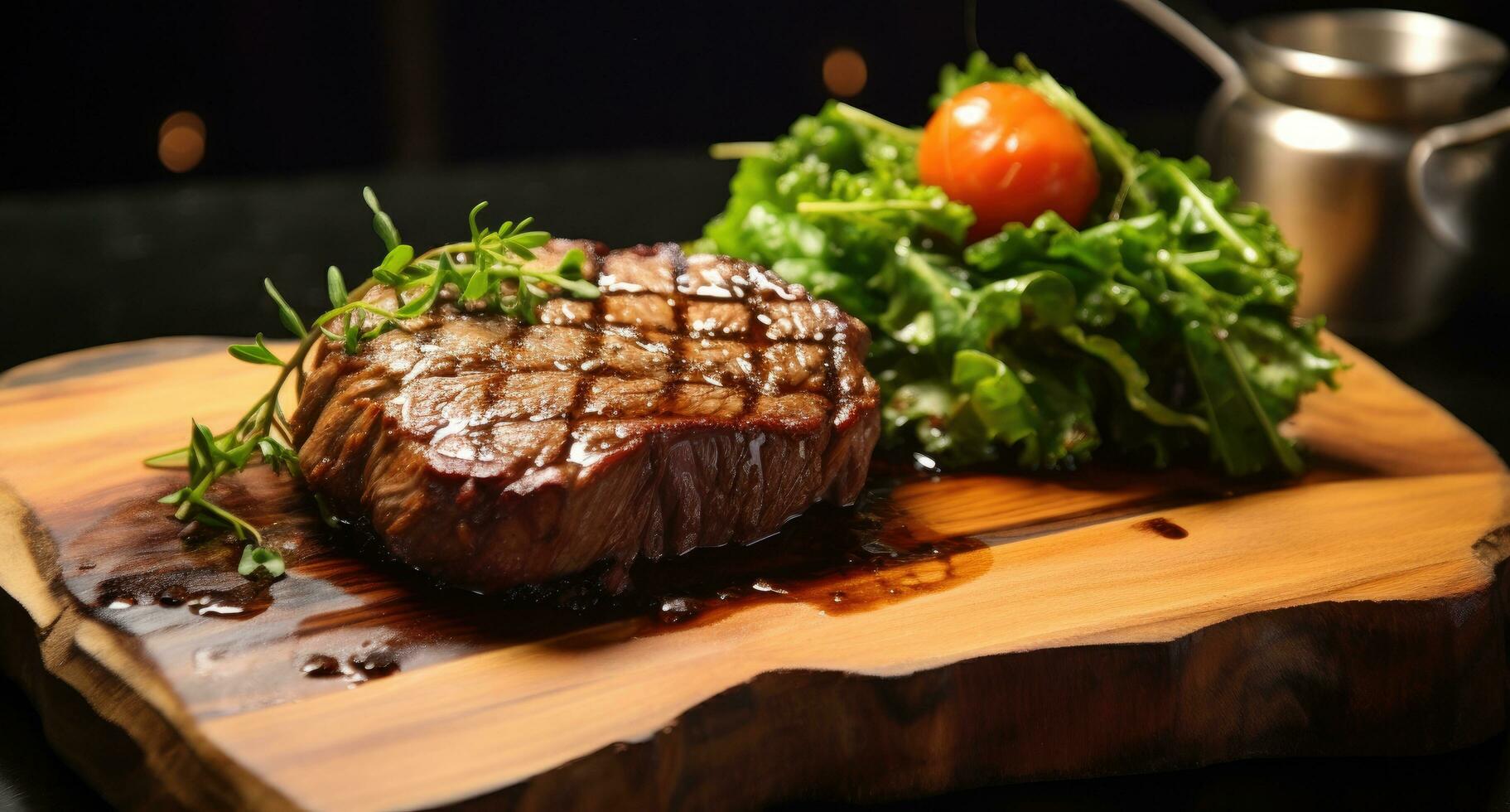 AI generated a rib eye steak on a wooden plate with a green salad photo