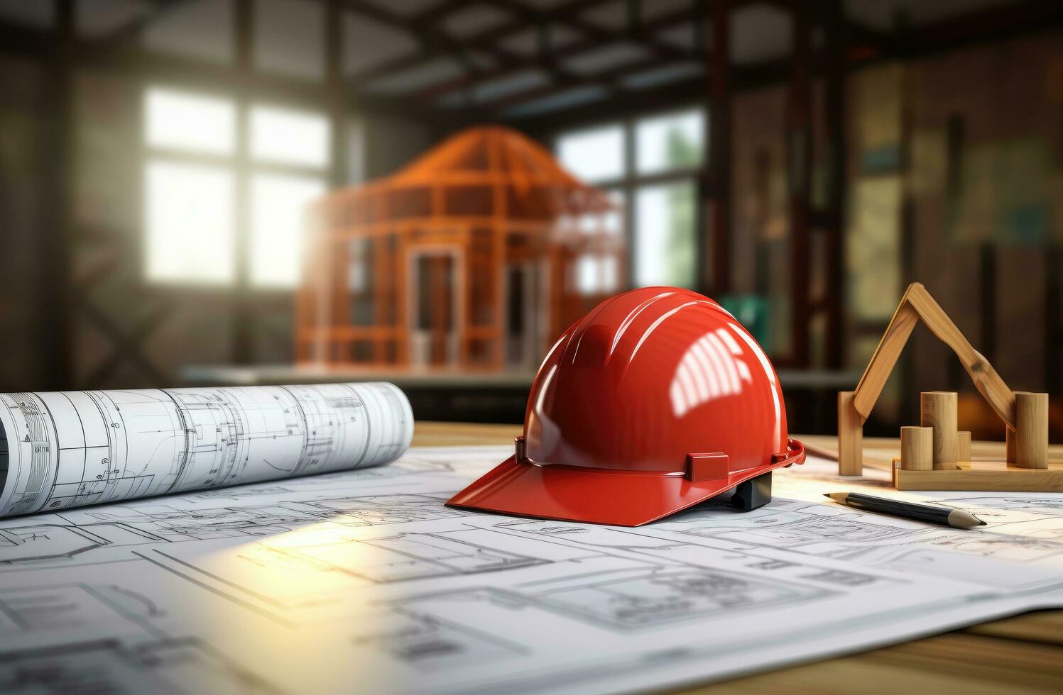 AI generated a hard hat sits on top of red blueprints on a table photo