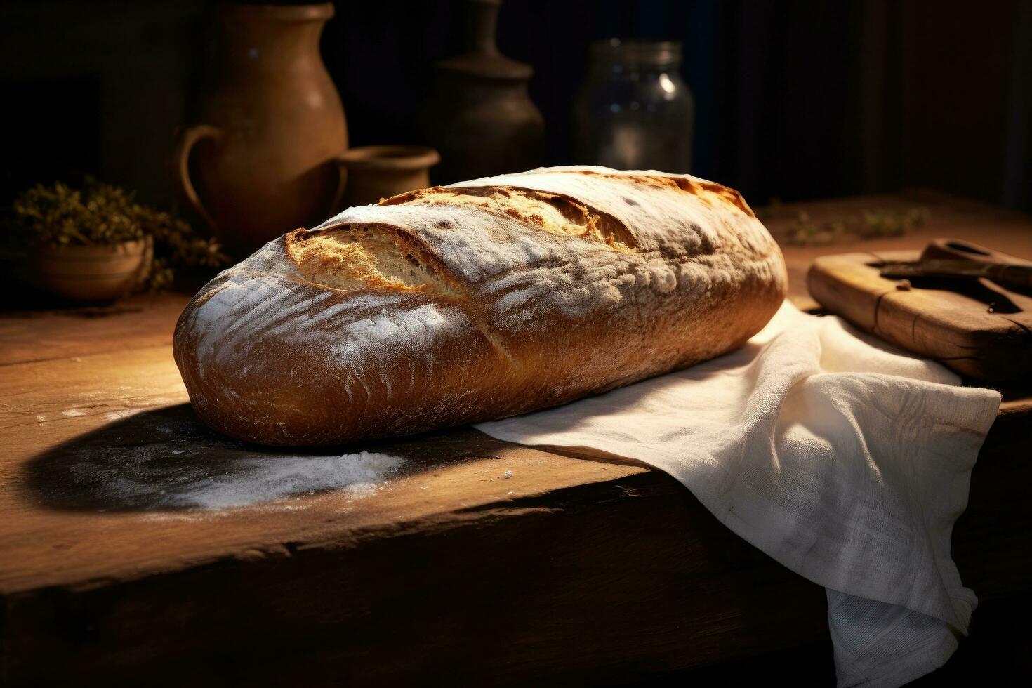 ai generado un pan de un pan sentado en un de madera tablero foto