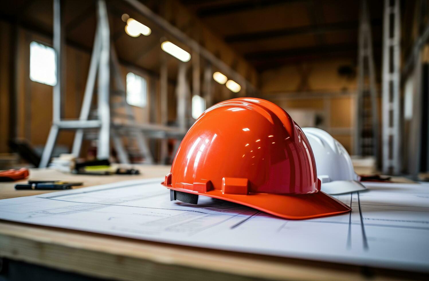 AI generated a hard hat sits on top of red blueprints on a table photo