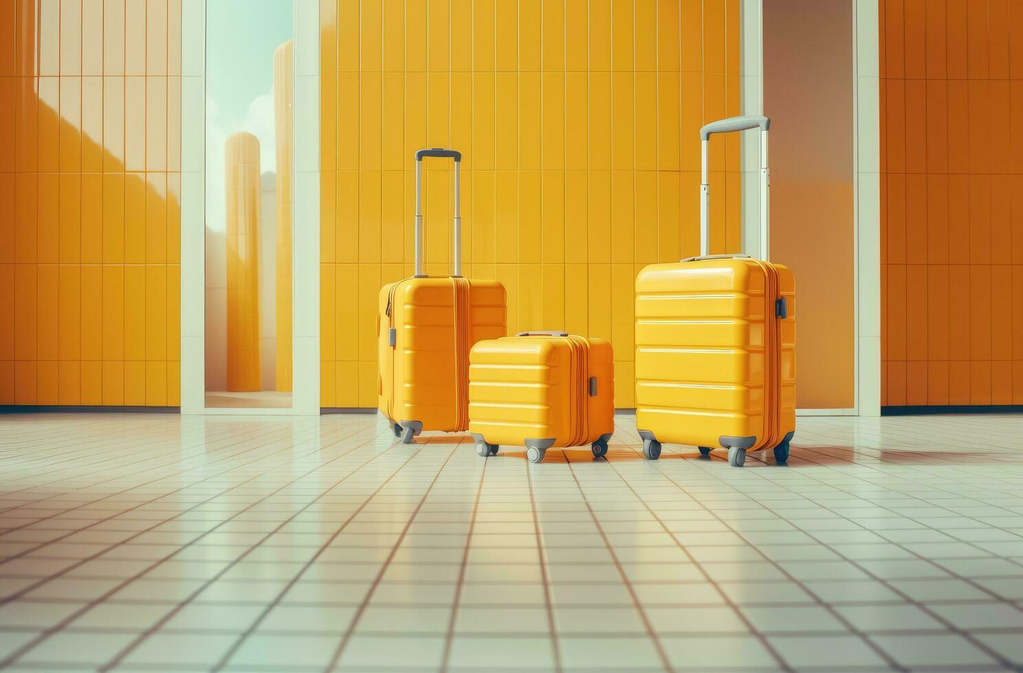 AI generated a luggage trolley and two suitcases sit inside an airport photo