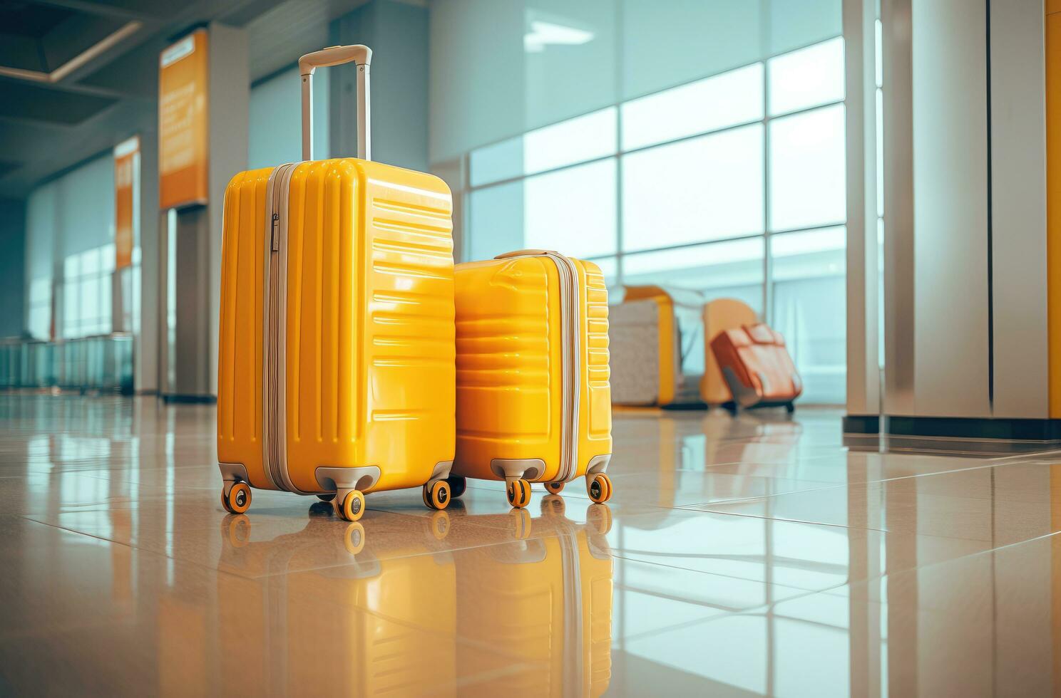 AI generated a luggage trolley and two suitcases sit inside an airport photo