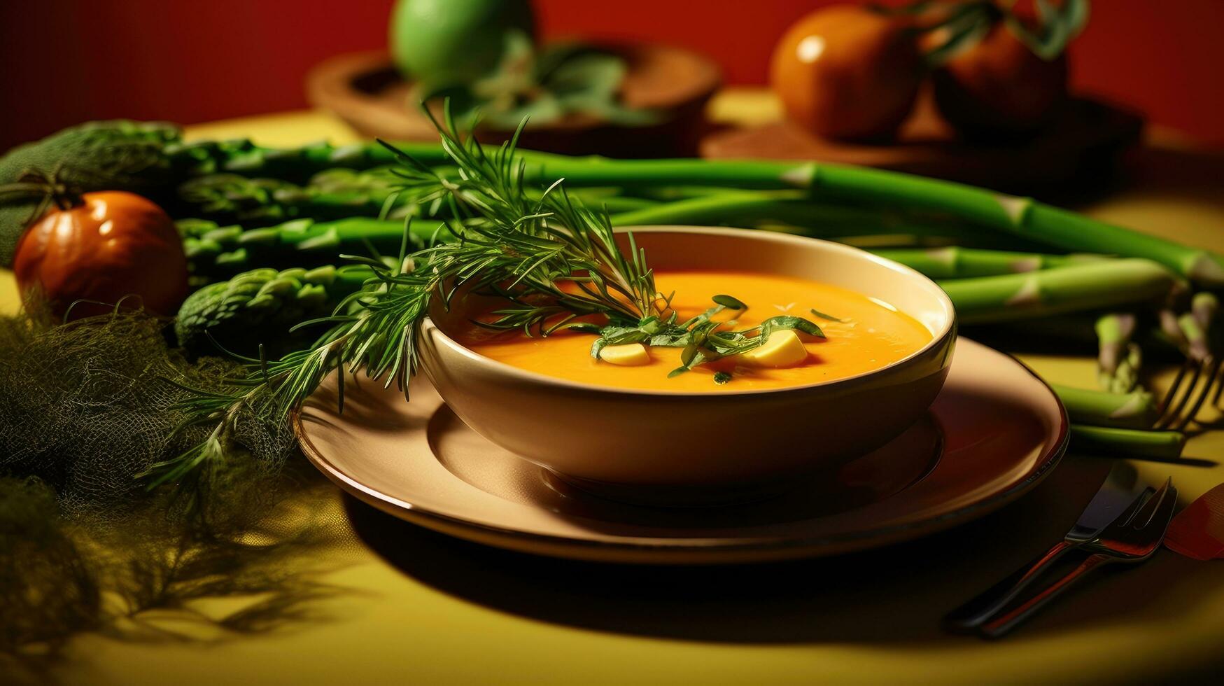 AI generated a bowl of pumpkin soup, topped with rosemary, sits on green vegetables photo