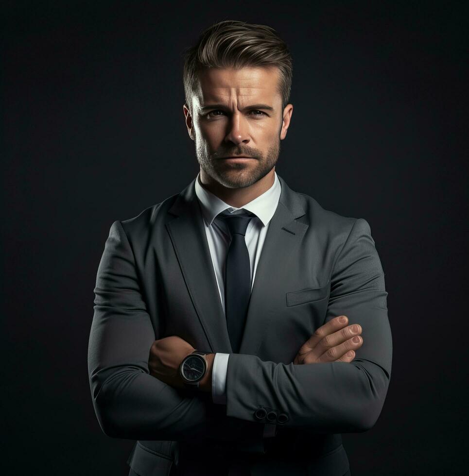 AI generated a business man in a gray suit posing with his arms crossed in front of a background photo