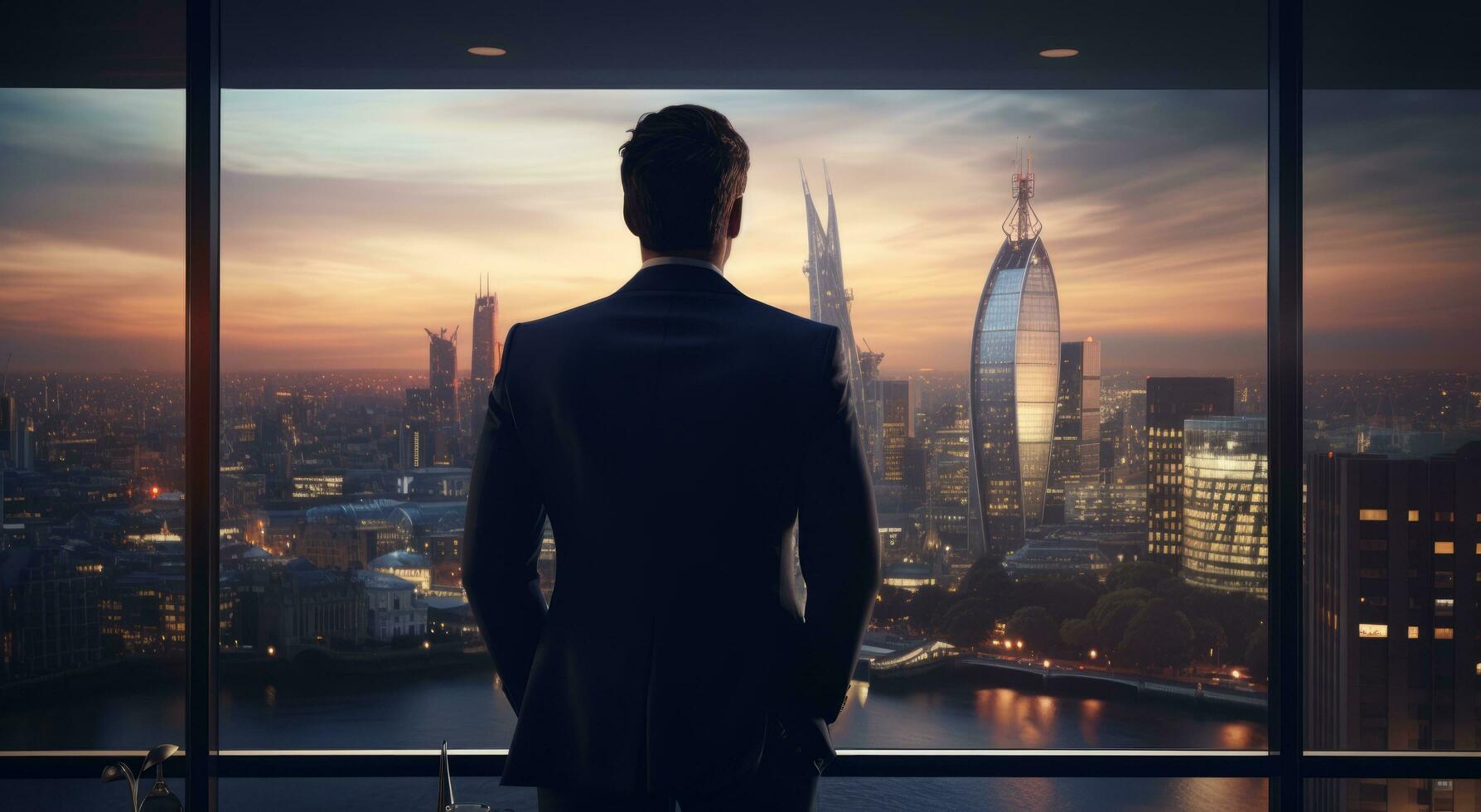 AI generated a businessman looking out over a city from a window photo