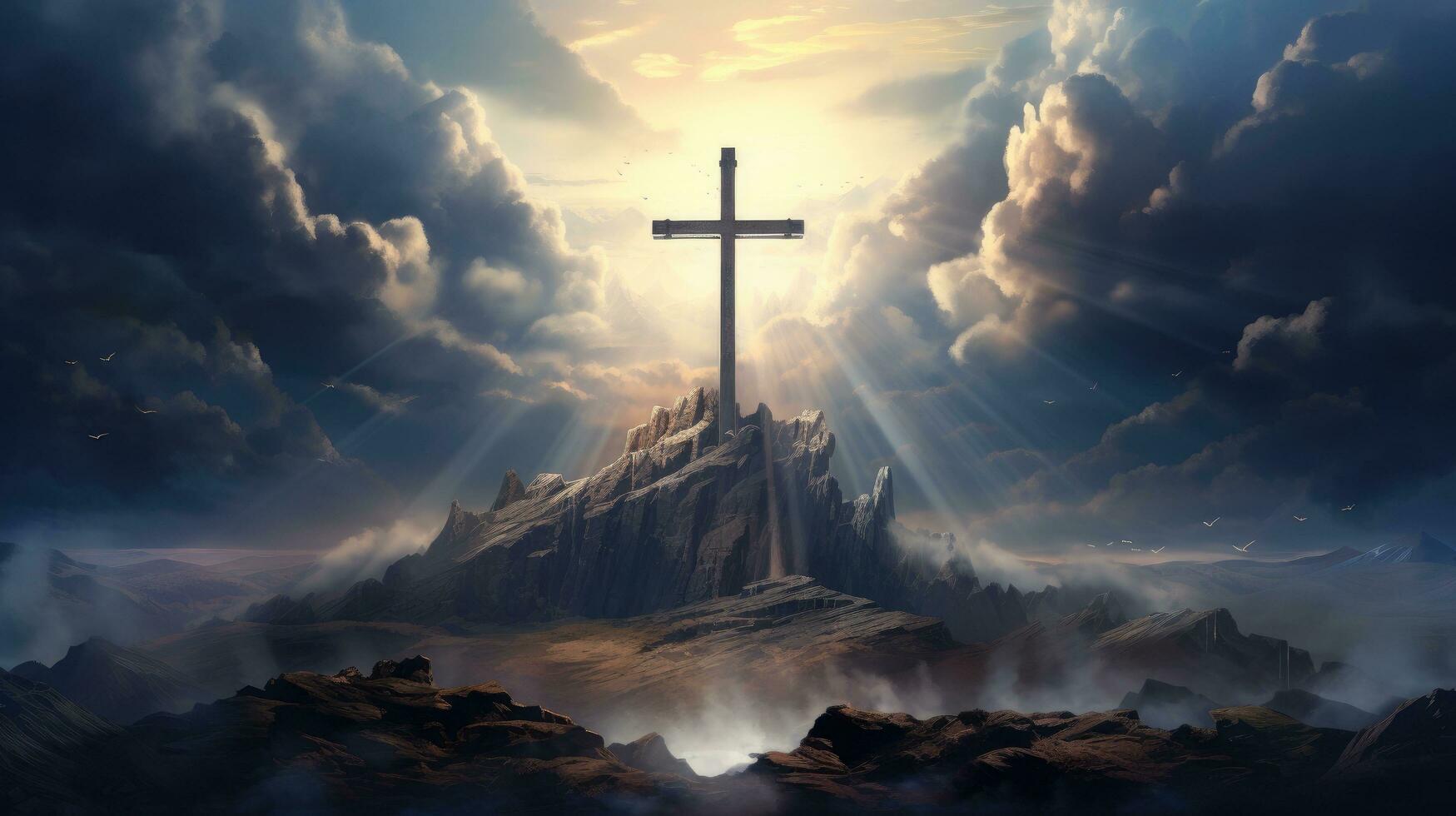 AI generated a cross on an island with clouds surrounding it and the sun behind it photo